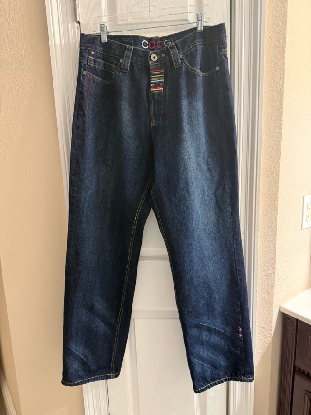 Y2K COOGI Men’s Dark Blue Jeans with Multicolor Embroidery On Back Pockets